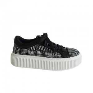 Stylish Women's Lace-up Loafer Sneakers with Sparkling Diamond Accents